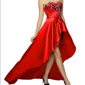 Red High-Low Rhinestone Strapless Gown